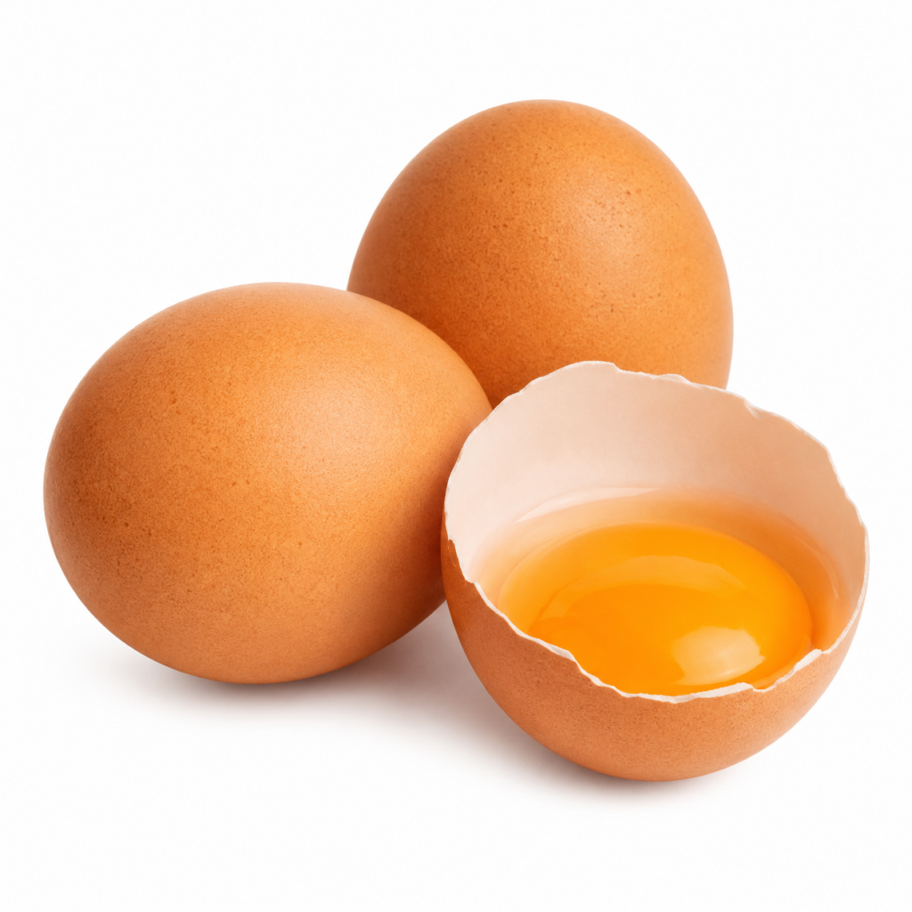 Brown eggs with one halved egg showing the yolk on a white background.