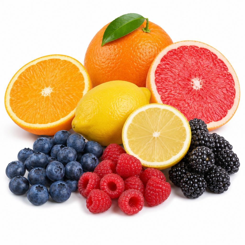 Citrus fruits, blueberries, raspberries, and blackberries arranged on a white background.
