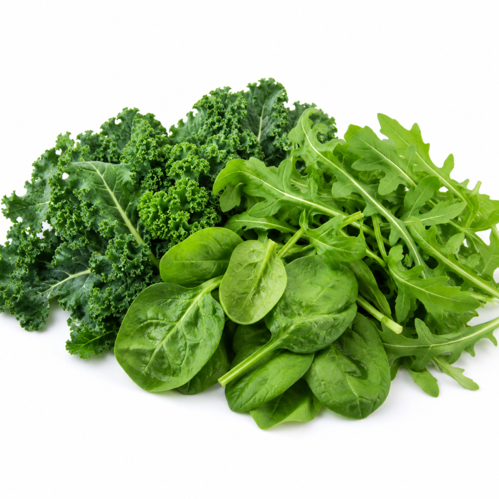 Fresh spinach, kale, and rocket leaves arranged together on a white background.