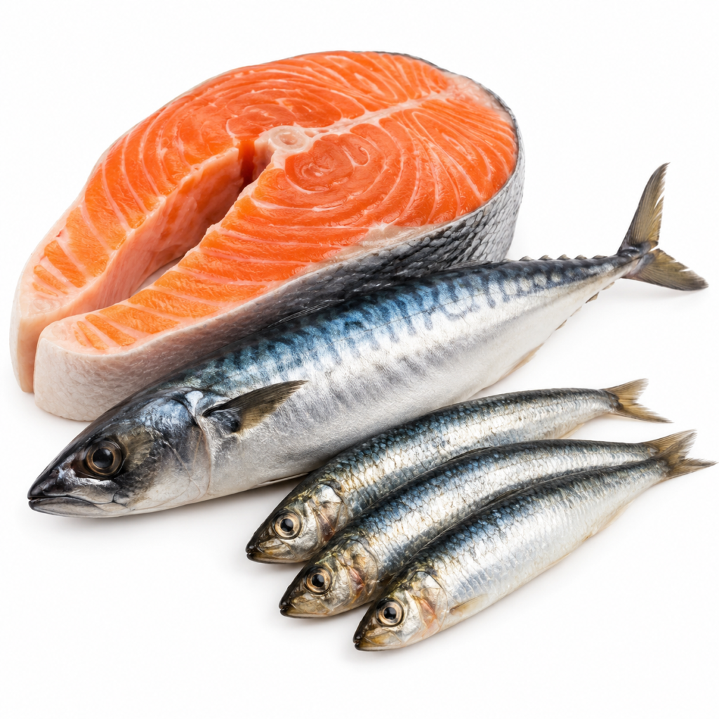 Fresh salmon, mackerel, and sardines arranged together on a white background.