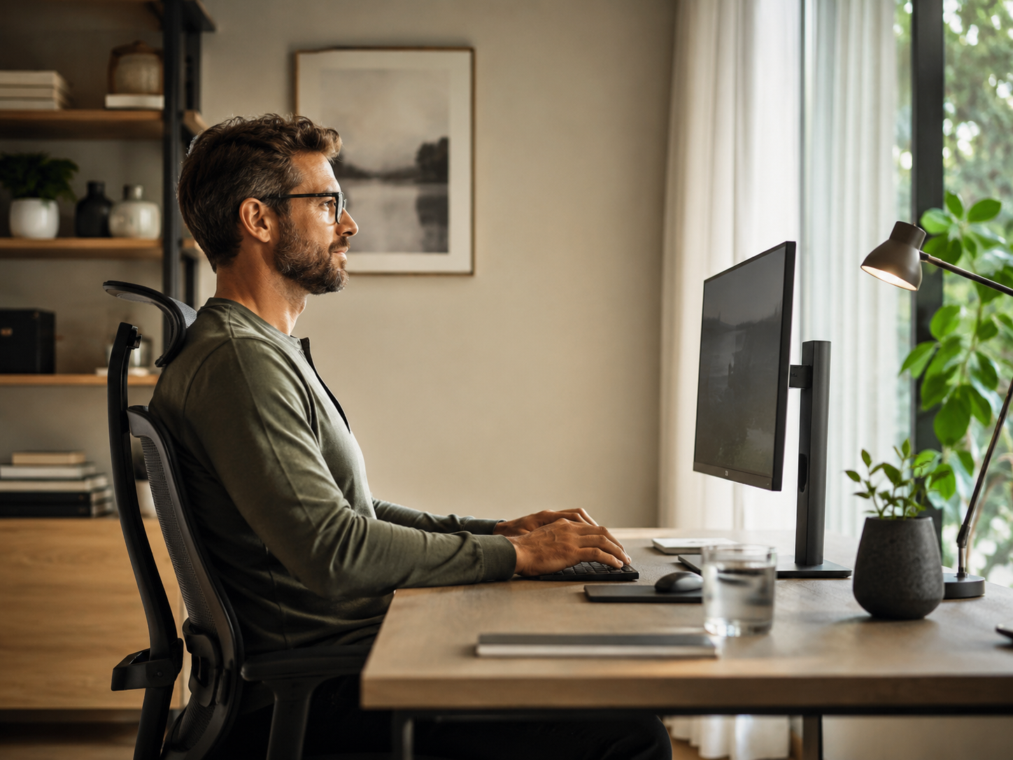 Comfortable office setup with water and reduced glare to support dry eye relief.
