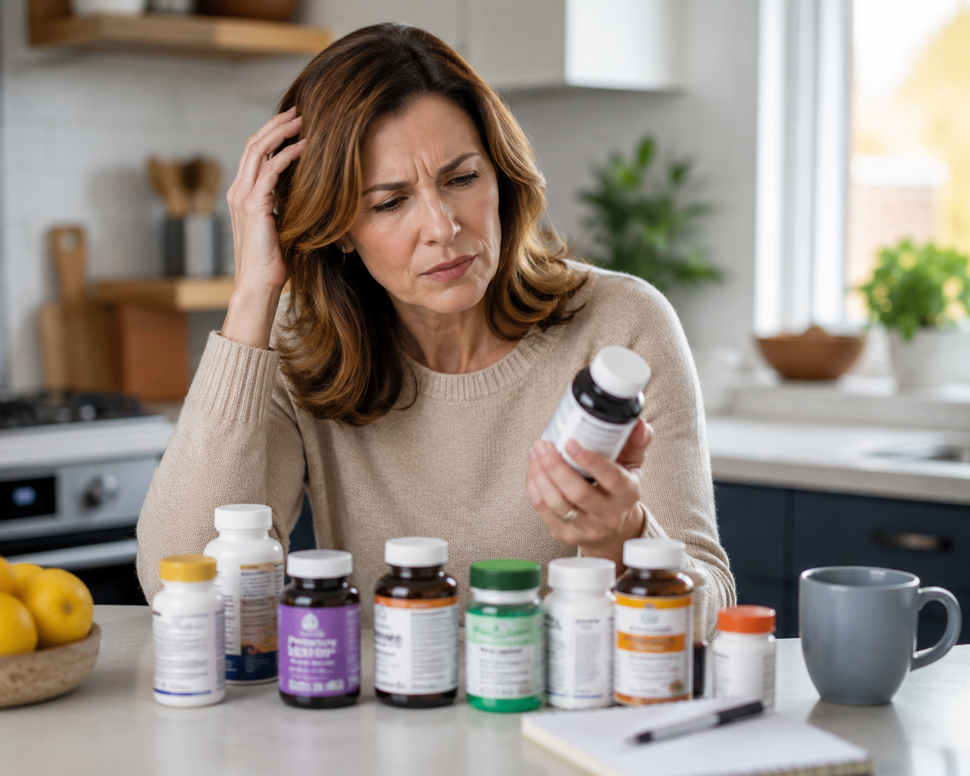 Woman over 40 sitting in a kitchen looking confused while comparing several supplement bottles on the counter.