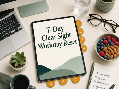 7-Day Clear Sight Workday Reset guide beside a laptop, glasses, water and healthy desk snack