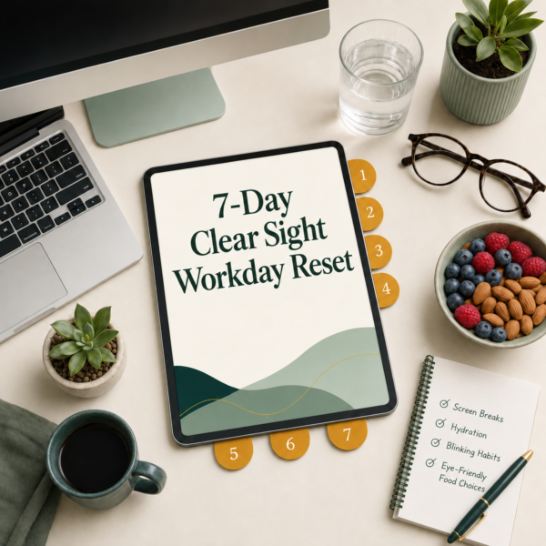 7-Day Clear Sight Workday Reset guide beside a laptop, glasses, water and healthy desk snack