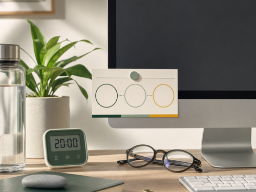 Printable 20-20-20 desk reminder displayed beside a computer monitor and glasses.