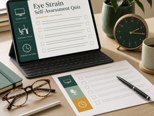 Eye strain self-assessment quiz displayed on a tablet beside glasses, a checklist and pen