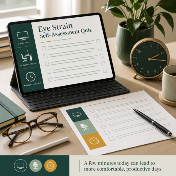 Eye Strain Self-Assessment Quiz Eye strain self-assessment quiz displayed on a tablet beside glasses, a checklist and pen