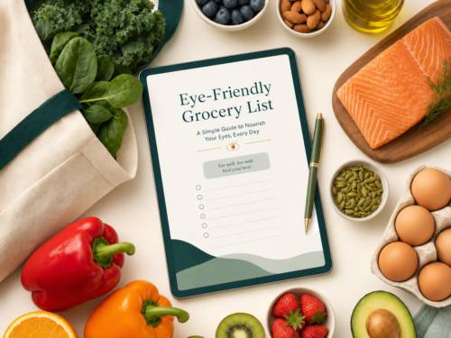 Eye-friendly grocery list surrounded by spinach, salmon, eggs, peppers, berries and almonds.