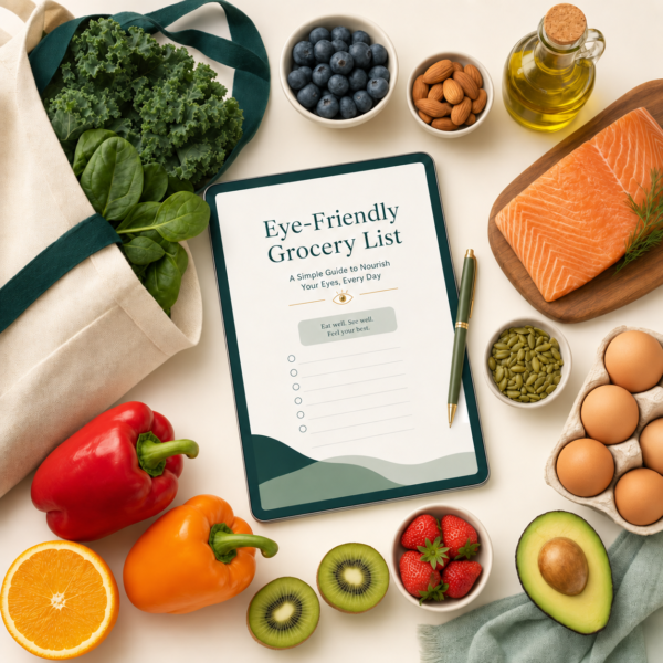 Eye Friendly Grocery list Eye-friendly grocery list surrounded by spinach, salmon, eggs, peppers, berries and almonds.