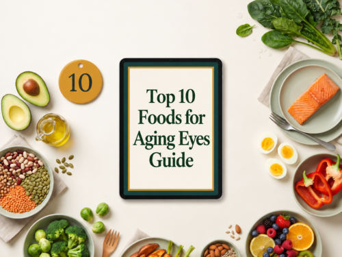 Top 10 foods for aging eyes including leafy greens, salmon, eggs, berries, carrots, broccoli, nuts and avocado.