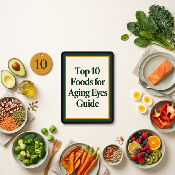 Top 10 Foods for Aging Eyes Guide Top 10 foods for aging eyes including leafy greens, salmon, eggs, berries, carrots, broccoli, nuts and avocado.